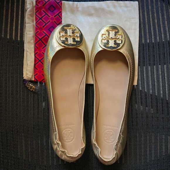 Tory Burch Gold Minnie Flats - Picture 2 of 4